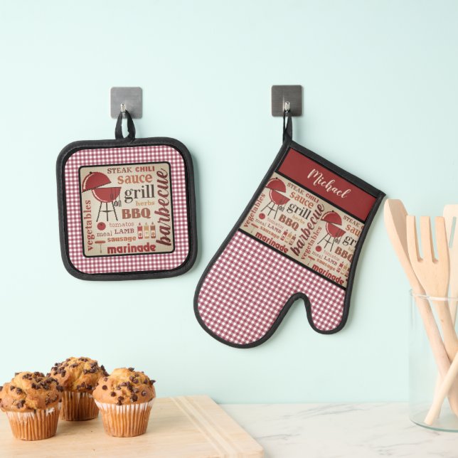 Barbecue Koch Red Gingham Karo Personalisiert Ofenhandschuh & Topflappen-Set (Insitu (Hängend))