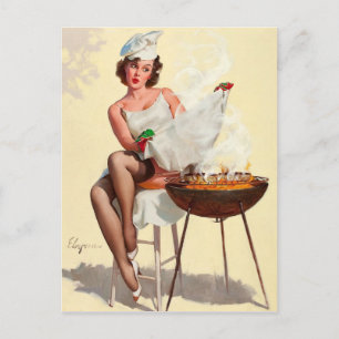Barbecue Pin-Up Mädchen Postkarte