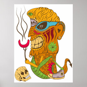 Barbecue Tiki Monster mit Wurst und menschlichem S Poster