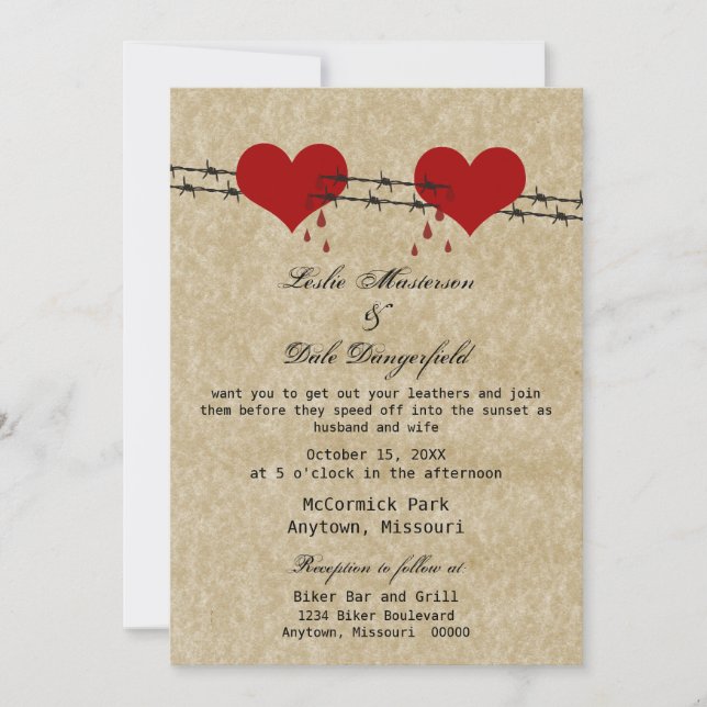 Barbed Wire Hearts Tattoo Biker Wedding Invitation (Devant)