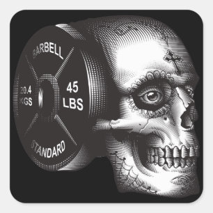 Barbell Plate and Skull - Workout Gym Motivierend Quadratischer Aufkleber
