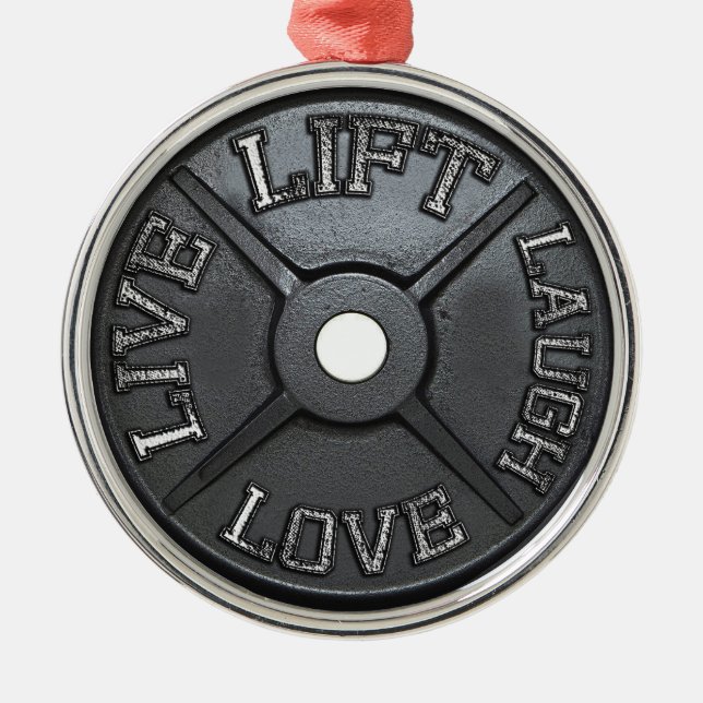 Barbell Plate - Aufzug, Live, Liebe, Lachen Silbernes Ornament (Vorne)