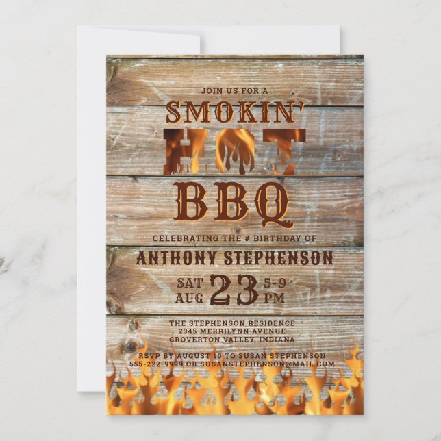 Barbeque Birthday Wood Smokin Heiße GRILLEN Einladung (Vorderseite)