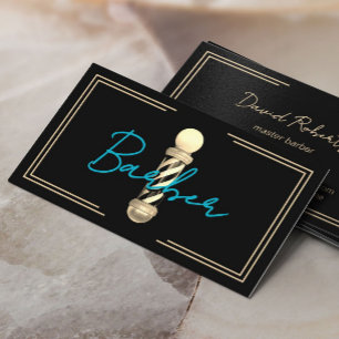 Barber Aquamarin Script Gold Gerahmt Hair Stylist  Visitenkarte