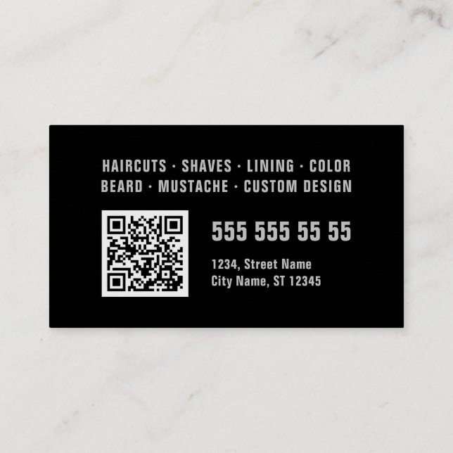 Barber Black Gray Bold Typografy QR Code Visitenkarte (Rückseite)