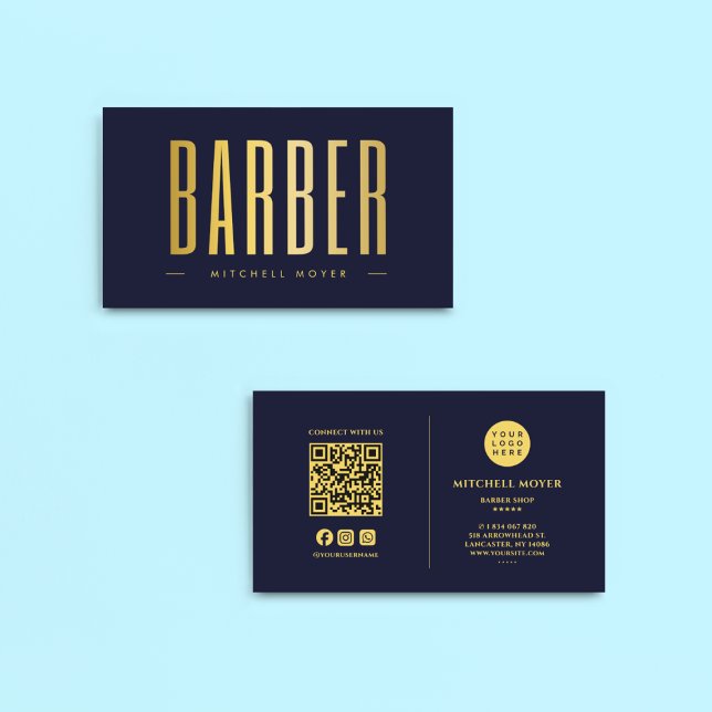 Barber Hair Salon Navy und Gold QR Code & Logo Visitenkarte (Von Creator hochgeladen)