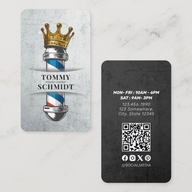 Barber Hair Shop Royal Crown Barber Pole QR Code Visitenkarte (Vorne/Hinten)