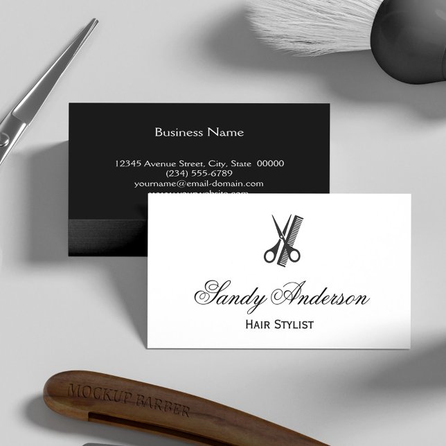 Barber Hair Stylist Einfach Elegant Schwarz-weiß Visitenkarte (Von Creator hochgeladen)