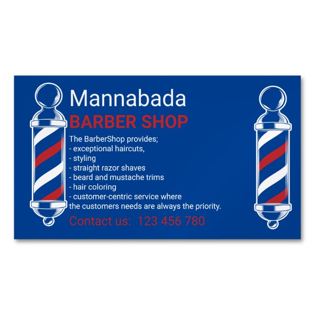 Barber Pole Blue Navy Barbershop Branding Design Magnetische Visitenkarte (Vorderseite)