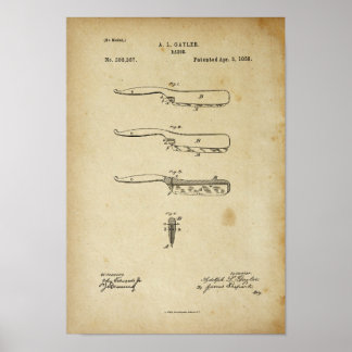 Barber Razor Antique Poster Brevet Ancien LooK