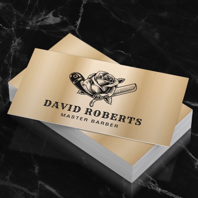 Barber Razor & Rose Logo Barbershop Gold Haar Visitenkarte (Von Creator hochgeladen)