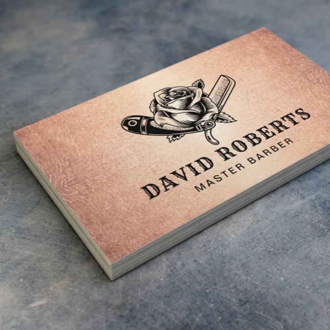 Barber Razor & Rose Logo Barbershop Rose Gold Hair Visitenkarte (Von Creator hochgeladen)