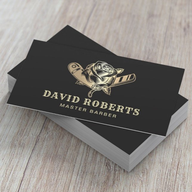 Barber Razor & Rose Logo Black Gold Barbershop Visitenkarte (Von Creator hochgeladen)
