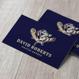 Barber Razor & Rose Logo Navy & Gold Barbershop Visitenkarte
