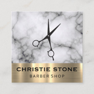 Barber Salon Shears Marble Gold Trim Quadratische Visitenkarte