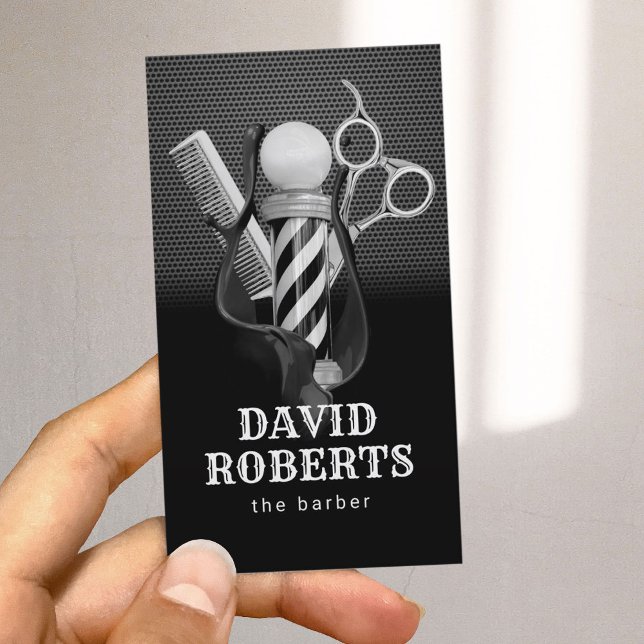 Barber Shop Hair Stylist Modernes Schwarzes Metall Visitenkarte (Von Creator hochgeladen)