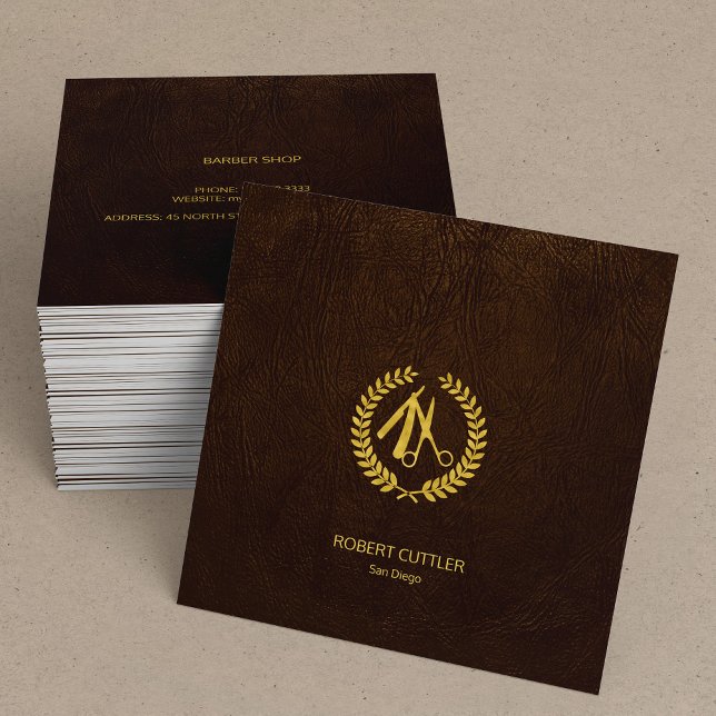 Barber Stylist Luxus Gold dunkelbraunes Leder auss Quadratische Visitenkarte (Von Creator hochgeladen)