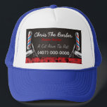 Barbershop Barber Pol und Clippers Trucker Hat Truckerkappe<br><div class="desc">Dies ist ein KUNDENBAR Friseur/Friseur-LKWs Hutdesign. Das Design wird durch die Farben Blau und Rot des Barbershops repräsentiert. Alle Kunstwerke wurden von Dale Arthur von whizcreations.net erstellt und illustriert.</div>