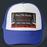 Barbershop Barber Pol und Clippers Trucker Hat Truckerkappe<br><div class="desc">Dies ist ein KUNDENBAR Friseur/Friseur-LKWs Hutdesign. Das Design wird durch die Farben Blau und Rot des Barbershops repräsentiert. Alle Kunstwerke wurden von Dale Arthur von whizcreations.net erstellt und illustriert.</div>
