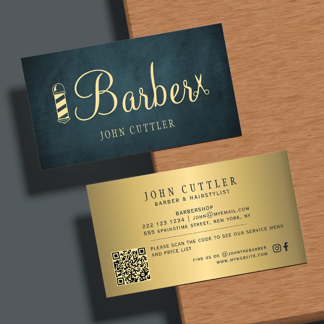 Barbershop Gold Navy Schere QR-Code Visitenkarte (Von Creator hochgeladen)