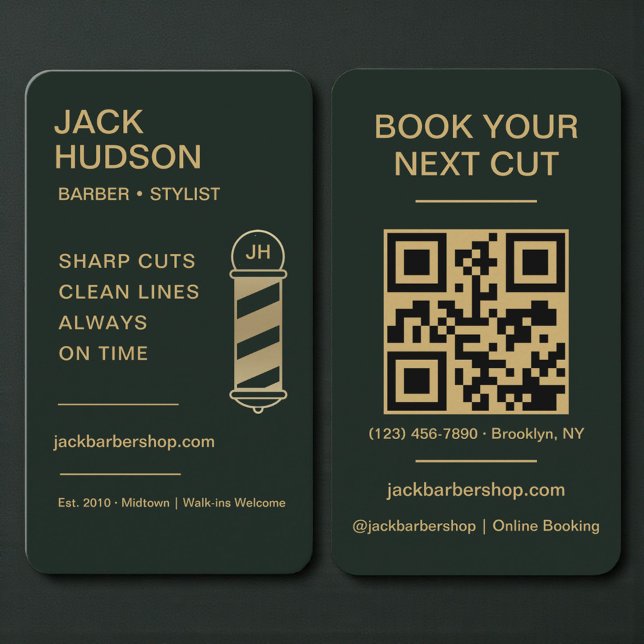 Barbershop Green Gold Barber Haircut QR Code Visitenkarte (Von Creator hochgeladen)