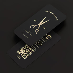 Barbershop Hairstylist Black Gold Scissors Modern Visitenkarte