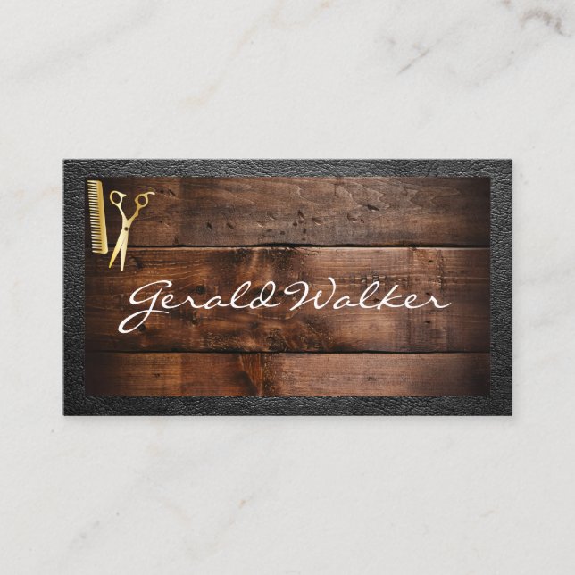 Barbershop | Holz | Leather Border Visitenkarte (Vorderseite)