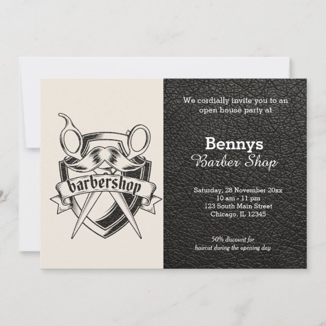 Barbershop Leder sieht geöffnet aus Einladung (Vorderseite)