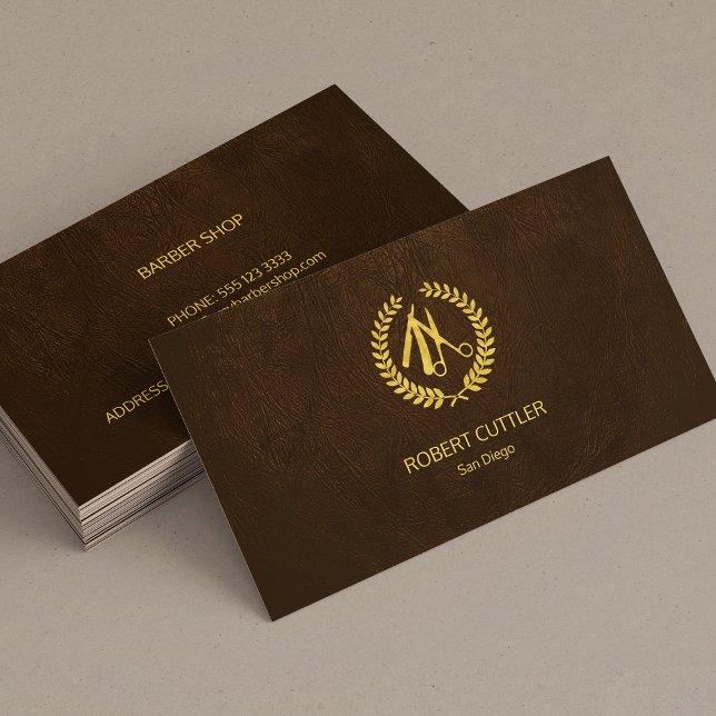 Barbershop Luxus einfache goldbraune Leder-Look Visitenkarte (Von Creator hochgeladen)
