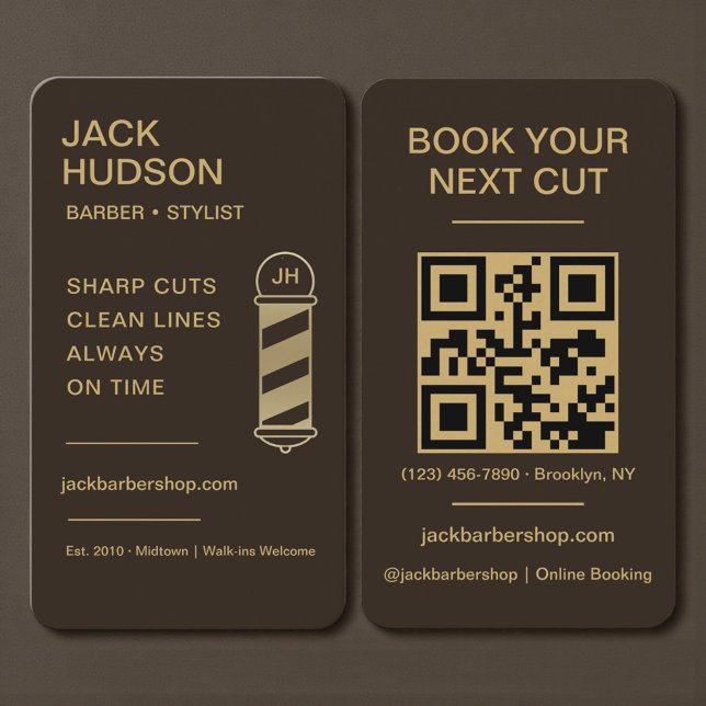 Barbershop Mocha Brown Gold Barber Haircut QR Code Visitenkarte (Von Creator hochgeladen)