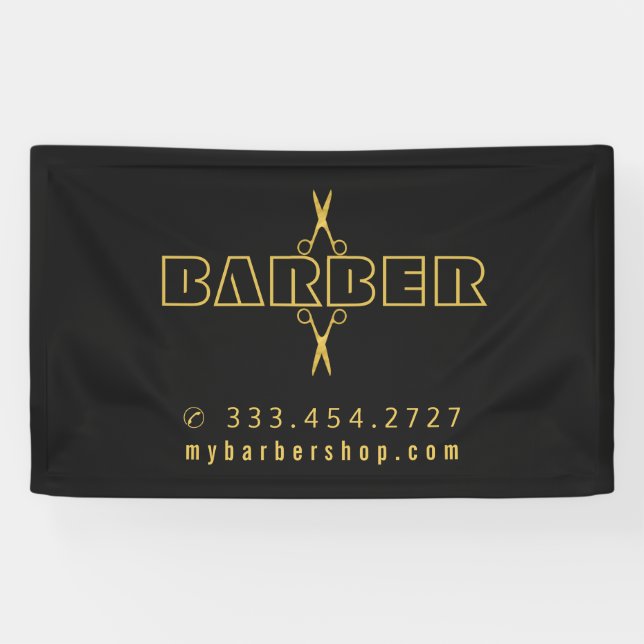 Barbershop moderne Drehbuch Gold Schere schwarz Banner (Horizontal)