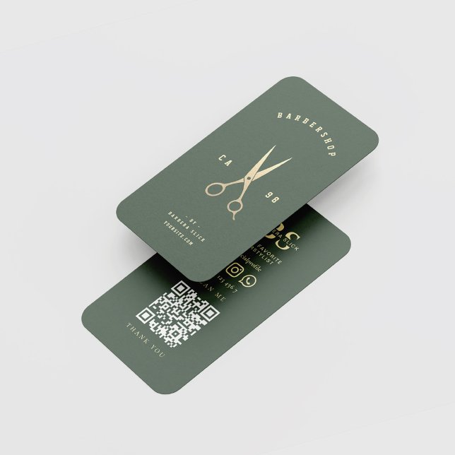 Barbershop Monogram Gold Scissors Barber Green Visitenkarte (Von Creator hochgeladen)