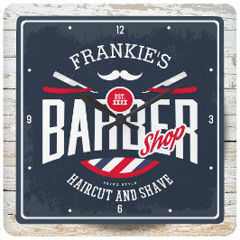 Barbershop NAME Haircut Shave Retro Barber Shop Quadratische Wanduhr