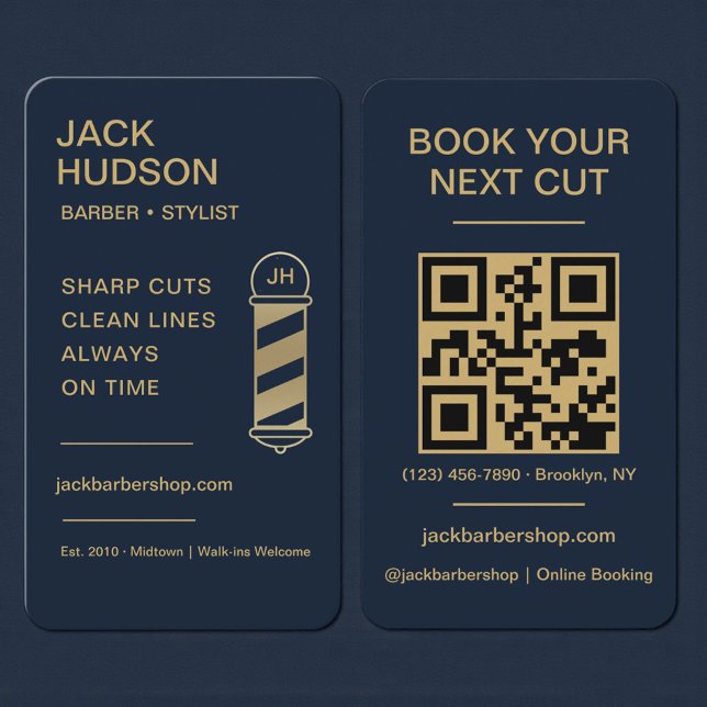 Barbershop Navy Blue Gold Barber Haircut QR Code Visitenkarte (Von Creator hochgeladen)