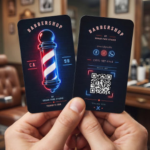 Barbershop Neon Bold Blau Roter Stangenlogo Visitenkarte