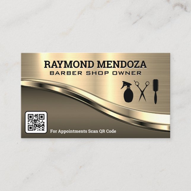 Barberwerkzeuge | QR-Code | Metallisch Visitenkarte (Vorderseite)