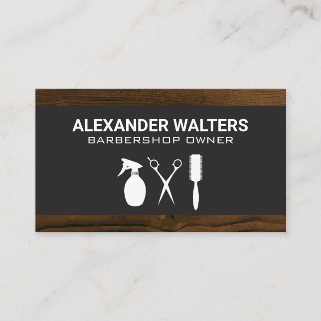 Barberwerkzeuge | Wood Business Card Visitenkarte (Vorderseite)