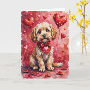 Barbet Valentine Hund sitzt mit Herzen Rot Karte