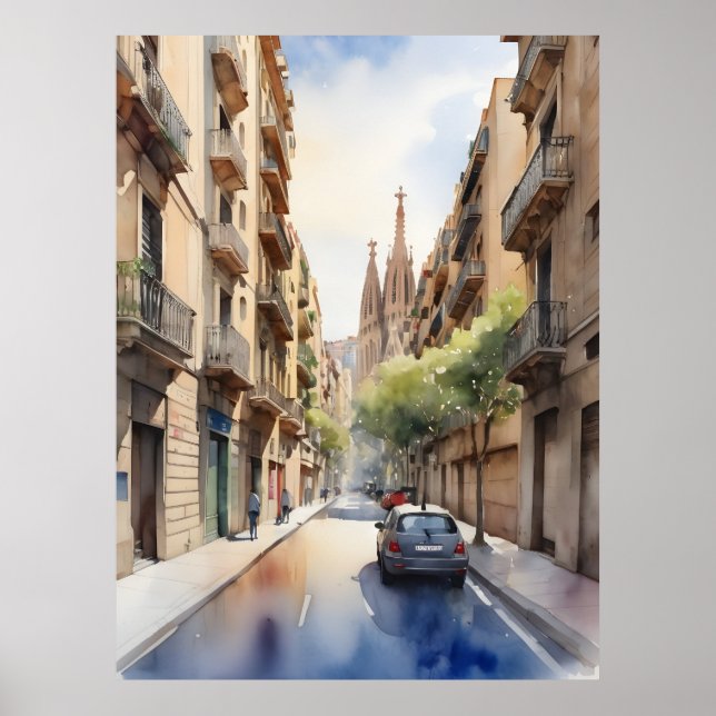 Barcelona Aquarellkunst Poster (Vorne)
