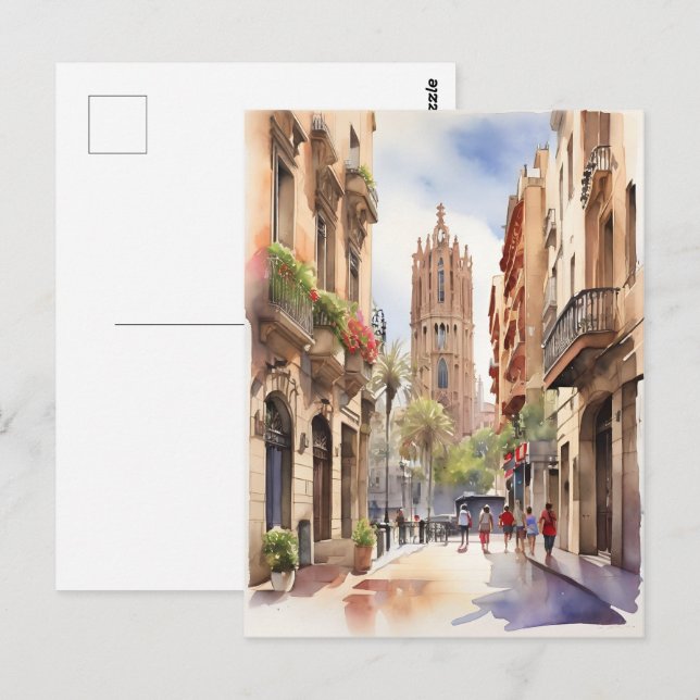 Barcelona Aquarellkunst Postkarte (Vorne/Hinten)