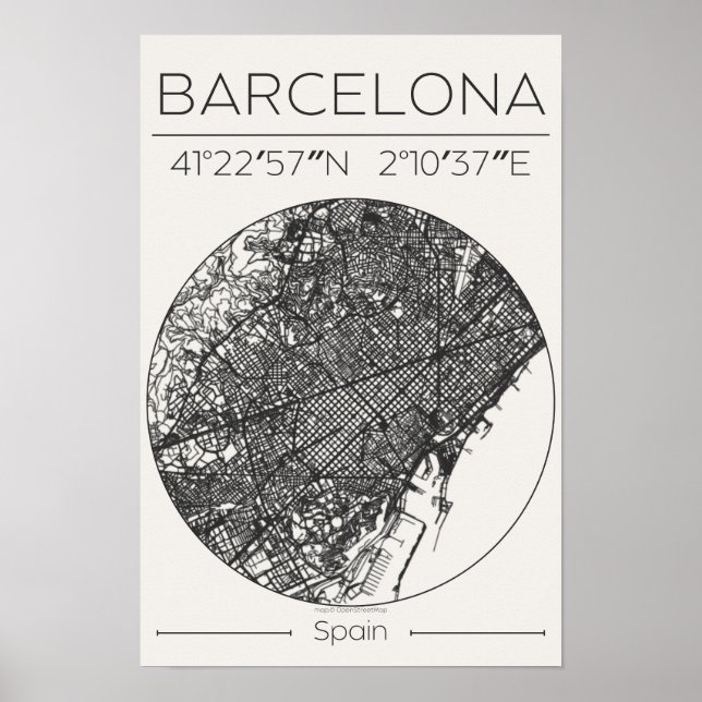 Barcelona Charcoal City Map Poster Minimal Europe (Vorne)