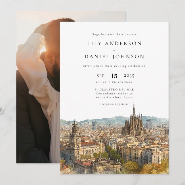 Barcelona Destination Elegant Photo Wedding Einladung (Vorne/Hinten)