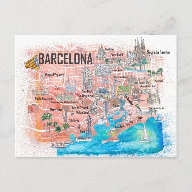 Barcelona Illustrierte Reisekarte mit Hauptstrasse Postkarte (Vorderseite)