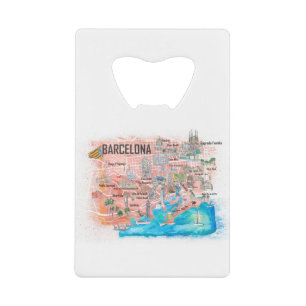 Barcelona Illustrierte Reisekarte mit Straßen Geldbeutel Flaschenöffner
