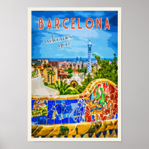 Barcelona-Park Guell Vintage Reise photographisch Poster