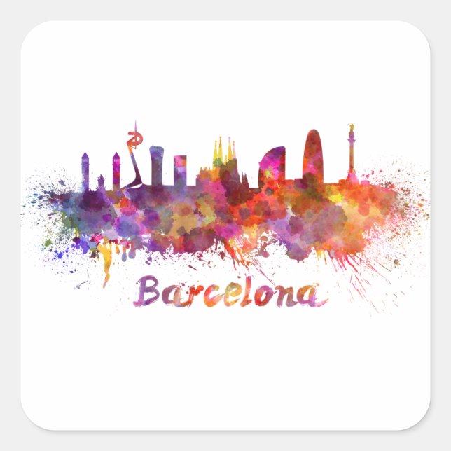Barcelona skyline im Watercolor Quadratischer Aufkleber (Vorderseite)
