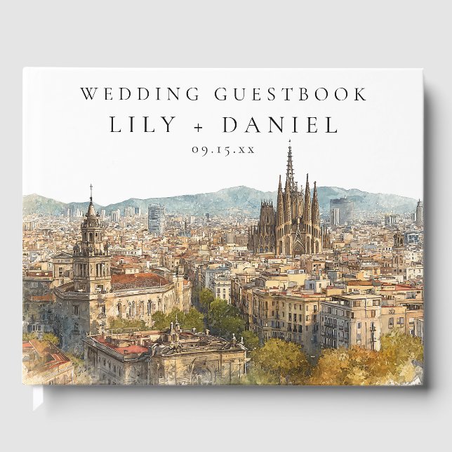 Barcelona Skyline Watercolor Wedding Gästebuch (Vorderseite)