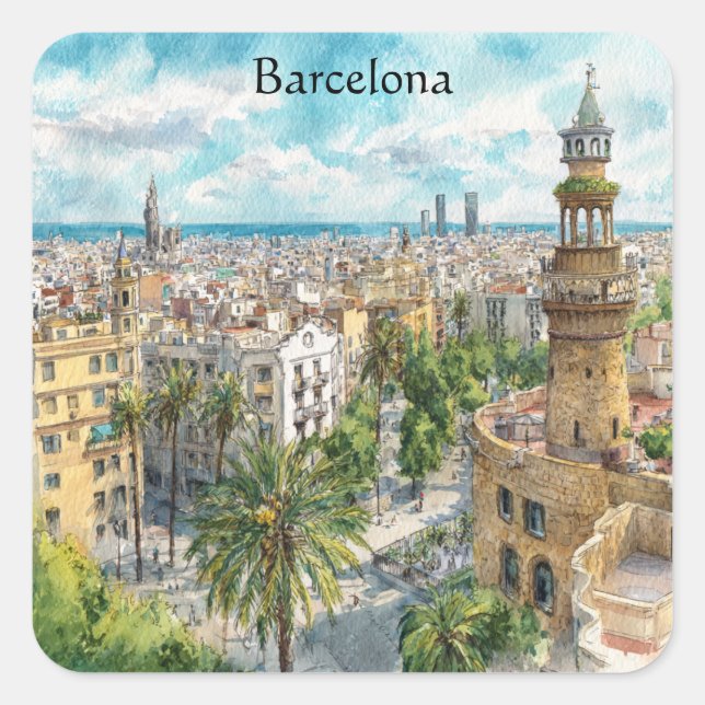 Barcelona Spain Catalonia City VIew Oil Paint Quadratischer Aufkleber (Vorderseite)