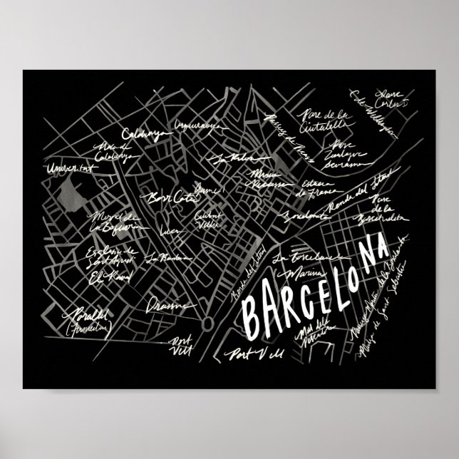 Barcelona Spanien Karte Poster - Schwarzer Vintage (Vorne)