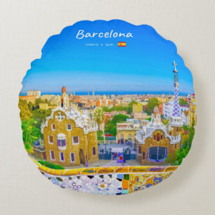 Barcelona, Spanien - Park Guell Gaudi Mosaik Rundes Kissen